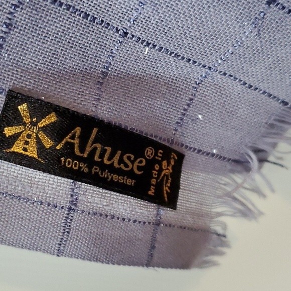 AHUSE BLUE GRAY WINDOWPANE WRAP/ SCARF METALLIC ACCENTS FRINGE - Picture 7 of 7